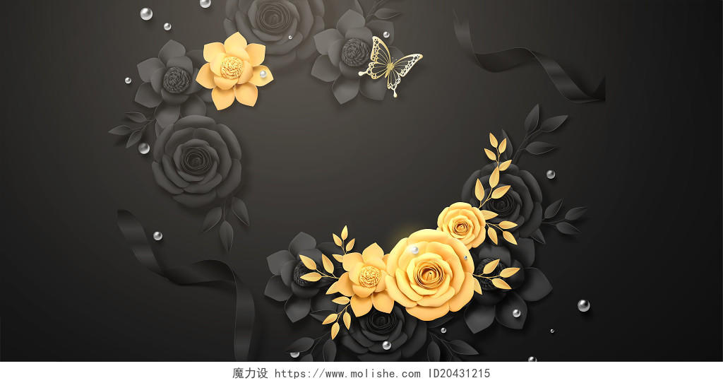 黑色酷炫金色玫瑰花花卉背景